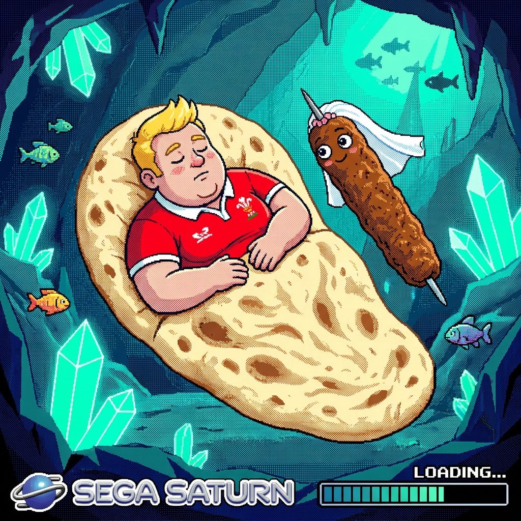 Jon asleep in his naan duvet beside his Seekh Kebab wife in her bridal veil