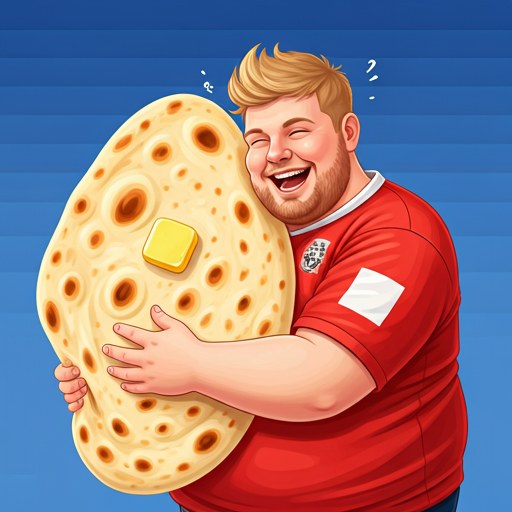 Jon laughing and hugging a giant, fluffy, buttered garlic naan