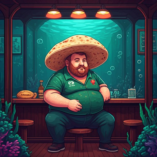 Live feed: Jon, a chubby Welsh rugby prop in a green jersey, wearing a giant naan as a hat in his cosy underwater pub
