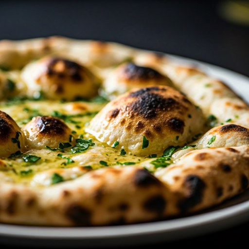 Close-up of garlic naan glistening with butter, green herbs and charred spots