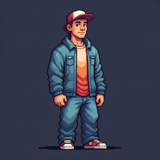 Jim, a pixel-art 90s skater in a backwards cap and baggy jeans