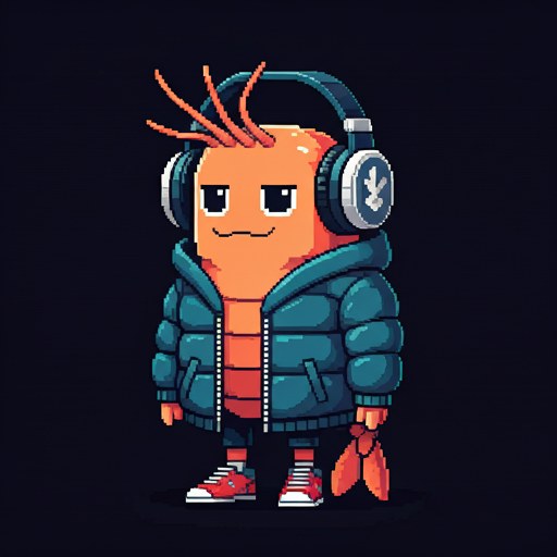 Lil' Krill, a small pixel-art shrimp in oversized headphones and a puffer jacket, lurking in the shadows