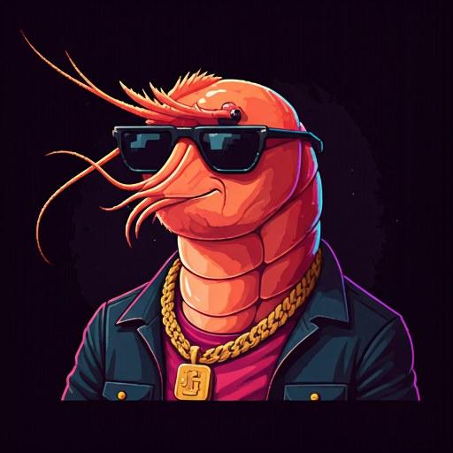 MC Scampi, a pixel-art gangster shrimp in dark sunglasses and a gold chain